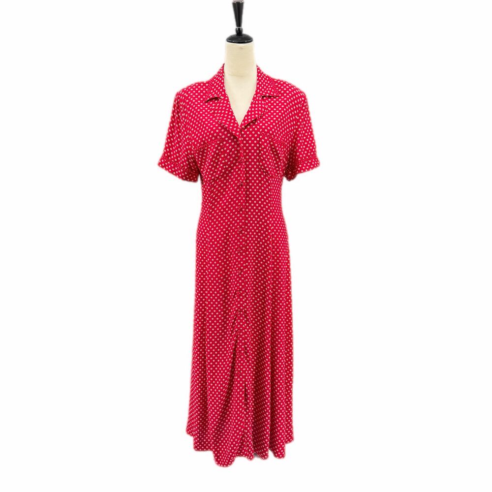 Vintage Sara Campbell 90s Red Floral Short Sleeve Button Up Midi Shirtdress